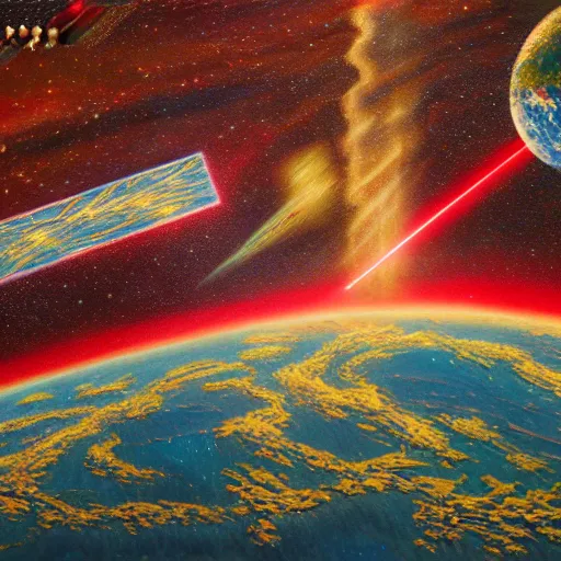 Prompt: view from space, laser beam strikes through earth, extremely detailed oil painting, 1 9 2 0's colored pencil, high clarity, highly detailed, abstract, deep aesthetic, 8 k, highly ornate intricate details, cinematic lighting, rich colors, digital artwork, beautiful scenic view, ray tracing, hyperrealistic, photorealistic, cinematic landscape, trending on artstation, concept art,