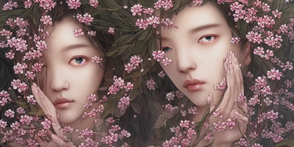 Prompt: breathtaking detailed concept art painting of the goddess of cherry blossom flowers, orthodox saint, with anxious, piercing eyes, ornate background, amalgamation of leaves and flowers, by Hsiao-Ron Cheng, James jean, Miho Hirano, Hayao Miyazaki, extremely moody lighting, 8K