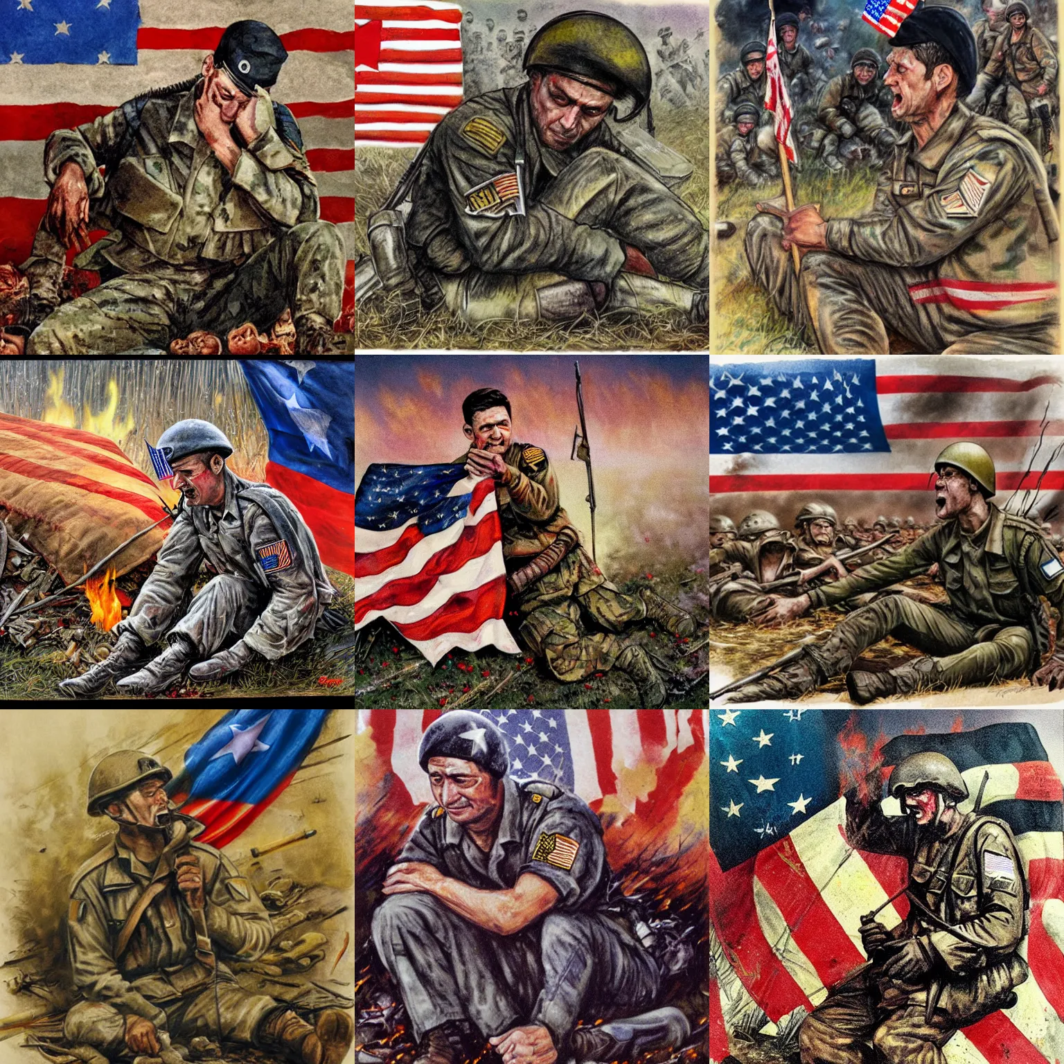 Prompt: a caricature of Volodymyr Zelensky at war, dressed like a Vietnam war American soldier , sitting on the ground between dead corpses , crying and weeping, holding a half burnt flag of Ukraine, by Drew Struzan