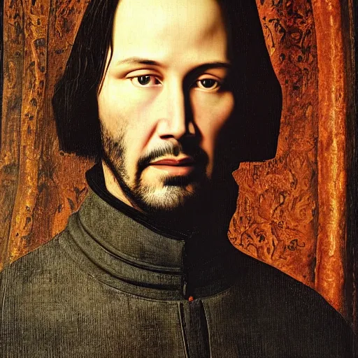 Image similar to portrait of keanu reeves, oil painting by jan van eyck, northern renaissance art, oil on canvas, wet - on - wet technique, realistic, expressive emotions, intricate textures, illusionistic detail