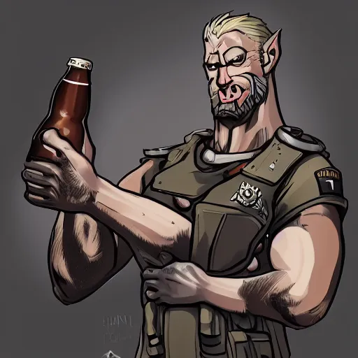 Image similar to a humanoid german shepherd beast - man in military style, holding a bottle of beer, artstation, concept art, smooth, sharp foccus ilustration, artstation