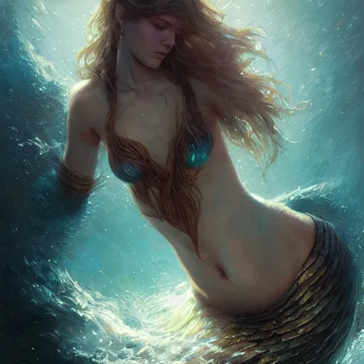 Prompt: beautiful girl turning into a mermaid, intricate, art by greg rutkowski, high detailed, 4 k,