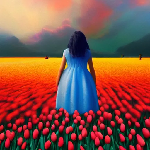 Image similar to girl with a single giant tulip as a head, surreal photography, flower field, sunset dramatic light, impressionist painting, colorful clouds, blue sky, digital painting, artstation, simon stalenhag