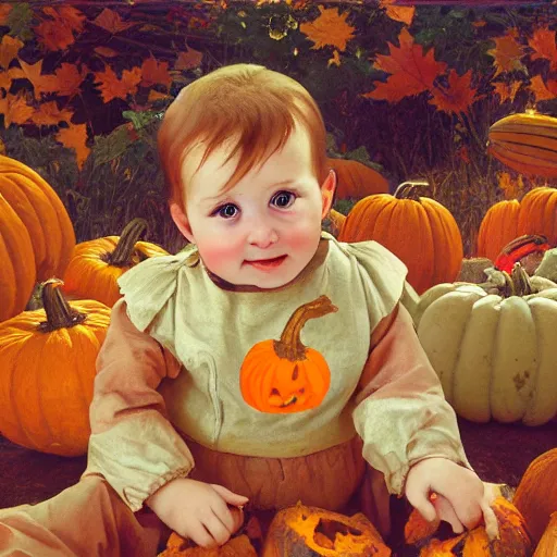 Prompt: a cute nine month old baby sitting amidst piles of pumpkins. beautiful cute highly detailed face. autumn and fall and halloween themed painting anne geddes and alphonse mucha.