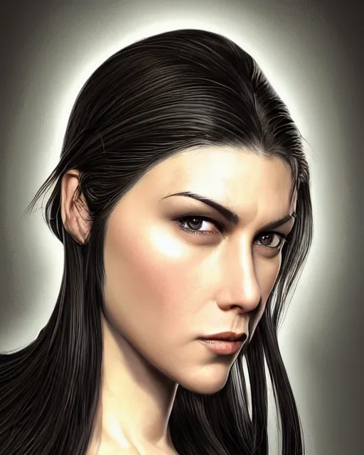 Image similar to portrait of a tall 4 0 - year - old woman with thin lips, heavy - lidded eyes, a strong jaw and long, thick shining black hair, thick eyebrows and long eyelashes, wearing in black clothes, hyper realistic face, beautiful eyes, character art, art by mark brooks, hyperdetailed, cryengine, trending on artstation, digital art