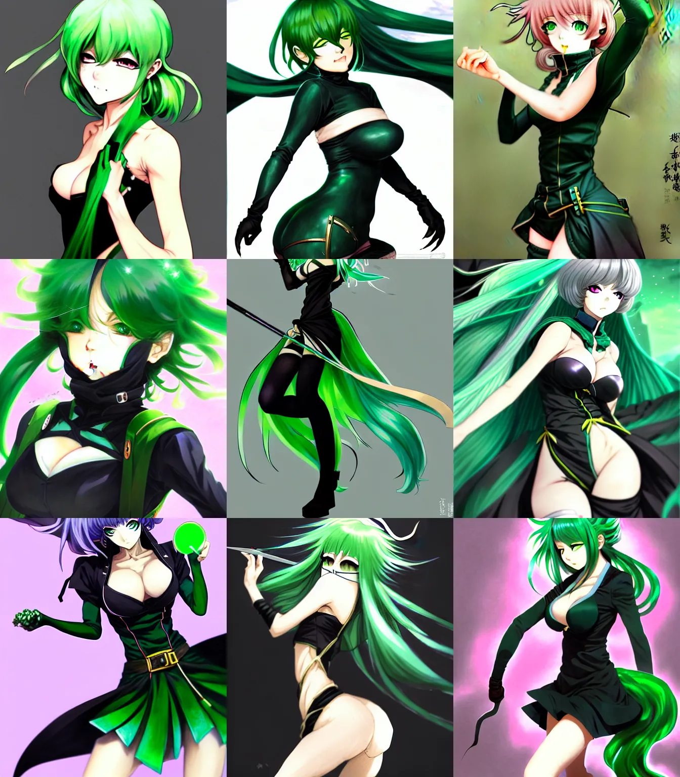 Prompt: rogue anime girl Tatsumaki, flying anime esper, spoon pear slim loli figure, green hair and attractive features, thighs focus, black dress, dungeons and dragons portrait, seductive smile, highly detailed, digital painting, artstation, concept art, sharp focus, illustration, art by artgerm and greg rutkowski and alphonse mucha