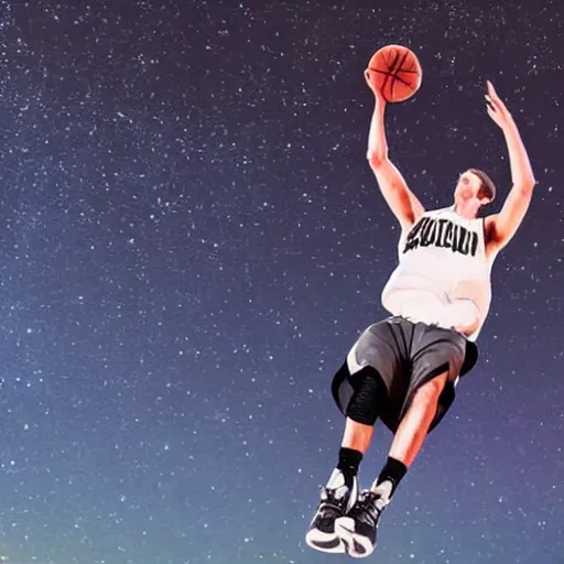 Prompt: a basketball player dunking the moon at night as if it were the ball
