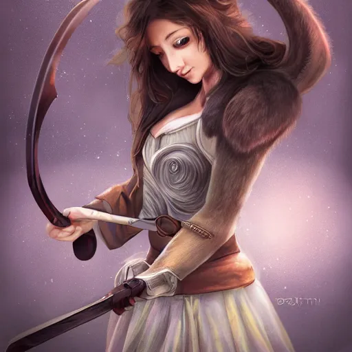 Image similar to digital art of a girl holding a sword fighting a bunny, detailed, beautiful scenery, detailed