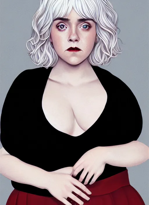 Image similar to full body portrait, kiernan shipka as sabrina spellman, white hair, obese, bangs, sultry, realistic, sultry smirk, fluffy bangs, curly bangs, fat, belly, intricate, elegant, highly detailed, digital painting, artstation, concept art, smooth, sharp focus, illustration, art by wlop, mars ravelo and greg rutkowski