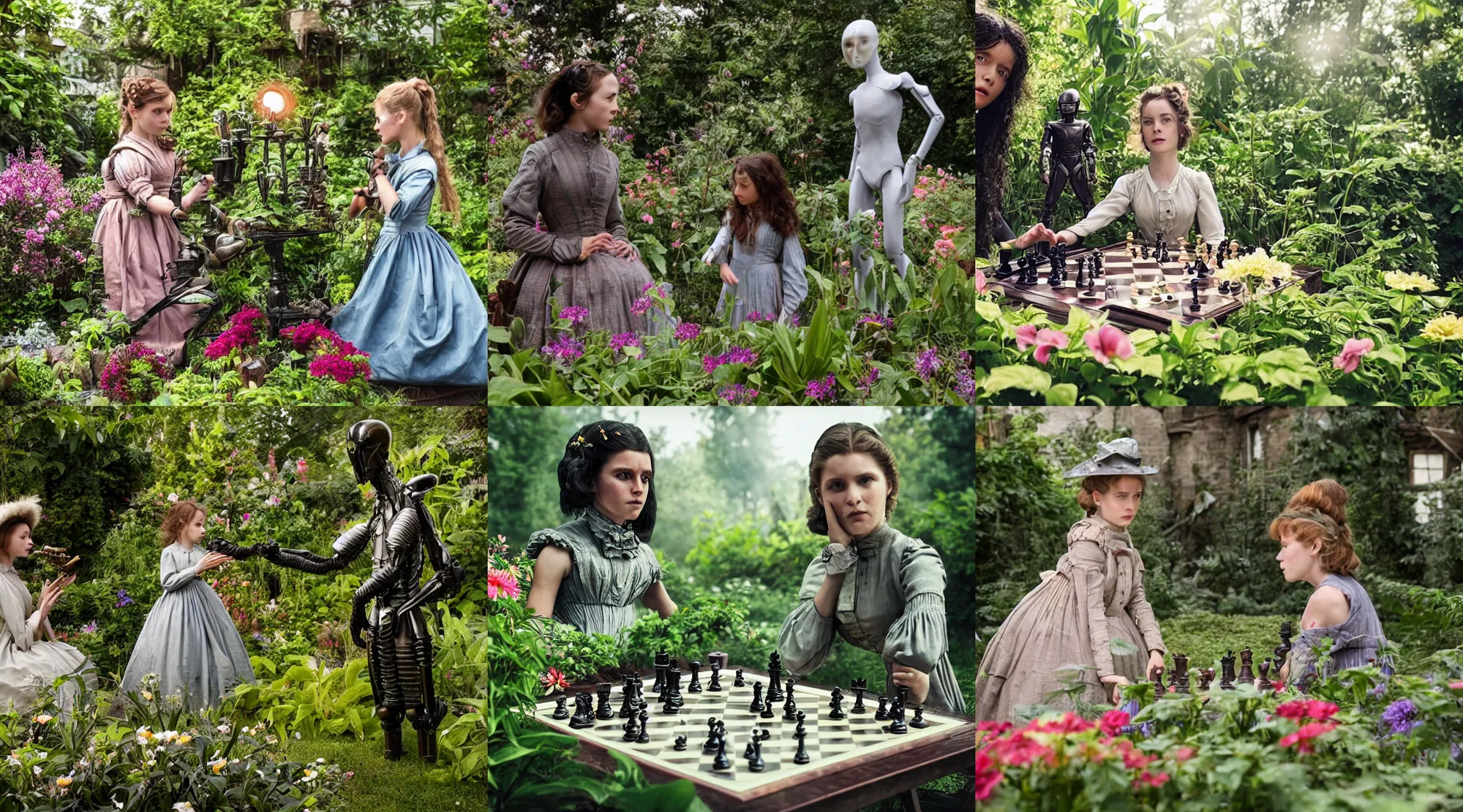 Prompt: still from a sci fi blockbuster movie made in 2022, set in 1860, a girl playing chess with a humanoid alien, wearing 1850s era clothes, in a garden full of alien plants and flowers, on an alien planet, good lighting, 8k, in focus faces, good qaulity photography