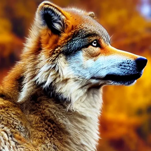 Prompt: professional digital art of a side profile of a tibetan wolf, tan and brown fur, fluffy, autumn, hd, 8 k, highly detailed, high quality, cute