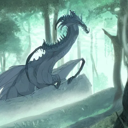 Image similar to concept art painting of an anthropomorphic dragon king with black robes, a long neck, and skull mask, in a deep forest, cel shaded, in the style of makoto shinkai and james gurney and studio ghibli and moebius