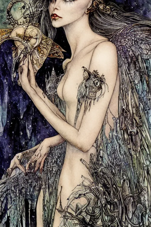 Image similar to dark fairy queen closeup face surrounded by bat wings, art by luis royo and walter crane and kay nielsen, watercolor illustration,