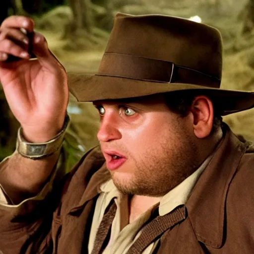 Image similar to Jonah Hill as indiana jones in raiders of the lost ark, 8k resolution, full HD, cinematic lighting, award winning, anatomically correct