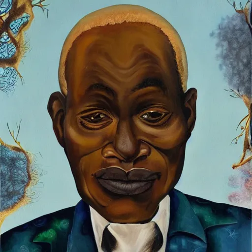 Image similar to a painting of a fatherly wide forehead, aquiline nose, round face, XXL , loving, caring, generous, ever-present, humble, wise elder from Kenya with a friendly expression in a suit by Wangechi Mutu . Fatherly/daddy, focused, loving, leader, relaxed,. ethereal lights, details, smooth, sharp focus, illustration, realistic, cinematic, artstation, award winning, rgb , unreal engine, octane render, cinematic light, macro, depth of field, blur, red light and clouds from the back, highly detailed epic cinematic concept art CG render made in Maya, Blender and Photoshop, octane render, excellent composition, dynamic dramatic cinematic lighting, aesthetic, very inspirational, arthouse.