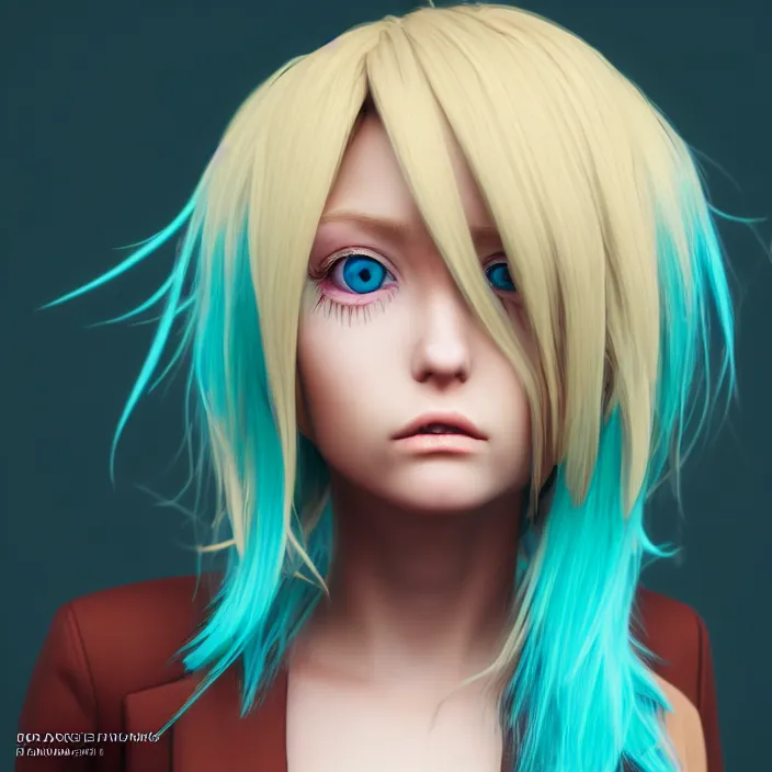 Image similar to coffee blond colored hair, teal pupils, symmetric facial structures, random background, bluish lighting, naturel, birthday, anime, rose suit, unreal engine 5 render, trending on artstation