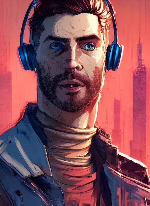 Image similar to scheming Anders. handsome cyberpunk nightclub owner wearing a cyberpunk headset and red jacket. handsome face. Realistic Proportions. Concept art by James Gurney and Laurie Greasley. Moody Industrial skyline. ArtstationHQ. Creative character design for cyberpunk 2077.