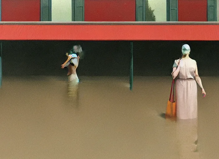 Prompt: woman dressed in plastic bags plugged into computer in paper bag over the head on flooded street Edward Hopper and James Gilleard, Zdzislaw Beksinski, highly detailed