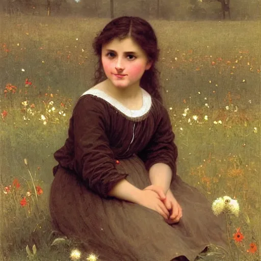 Prompt: a little girl with short wavy brown hair sitting in a field of wildflowers. beautiful painting by bouguereau.