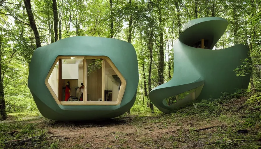 Image similar to A unique innovative and creative eco community of small affordable and contemporary creative cabins in a lush green forest with soft rounded corners and angles, 3D printed line texture, made of cement, connected by sidewalks, public space, and a park, Design and style by Zaha Hadid, Wes Anderson and Gucci