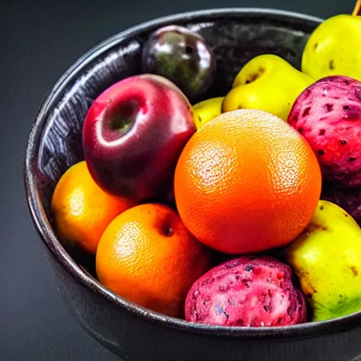 Prompt: bowl of fruit, black background, depth of field