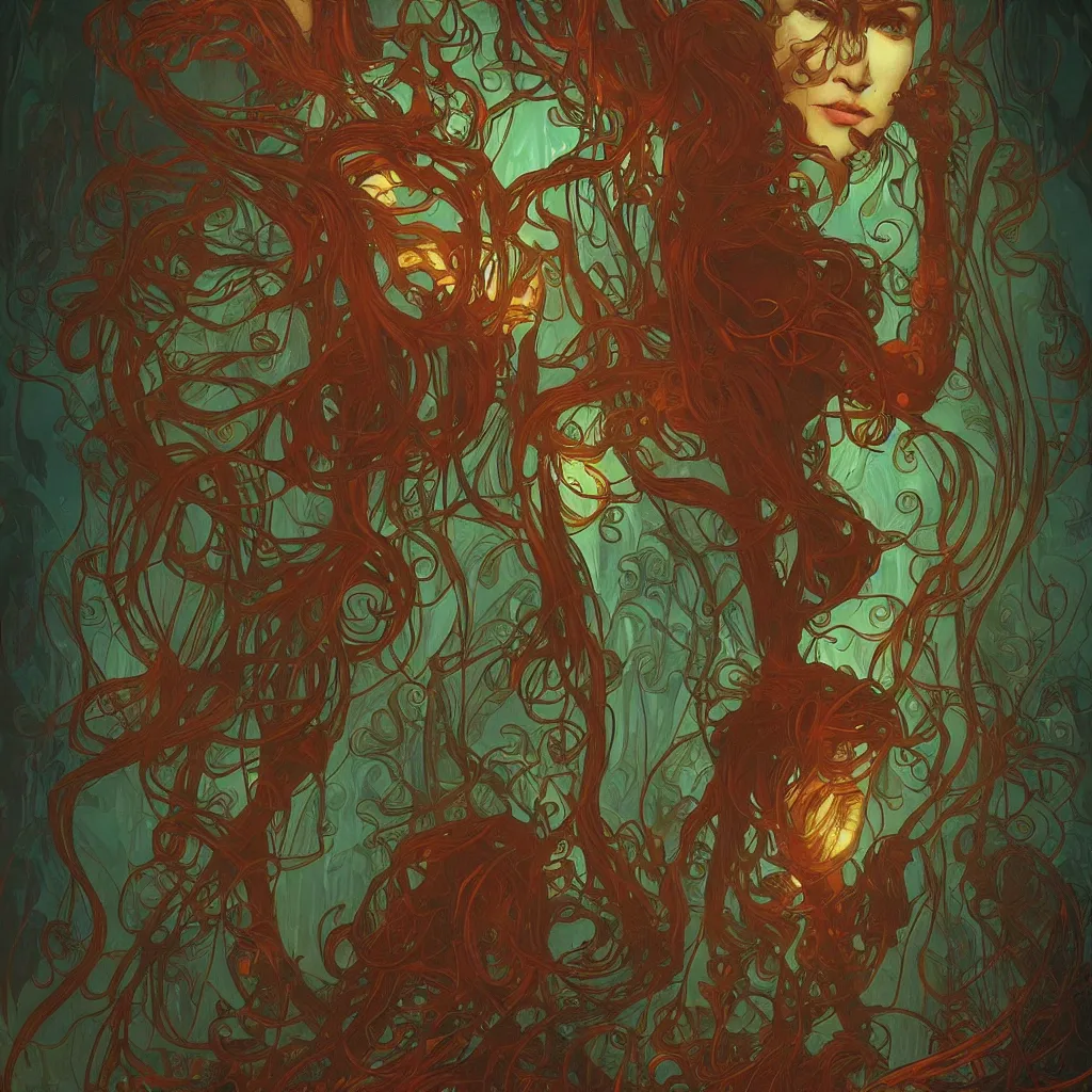 Prompt: rich teal fungus monsters by john sweeney, intense red veins by alphonse mucha, intense lighting, light beams, lens flare, intricate, elegant, nightmare, highly detailed, digital painting, artstation, concept art, smooth, sharp focus, illustration