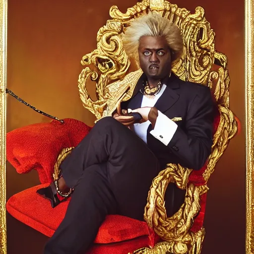 Image similar to african geert wilders wearing a silk shirt and many gold rings and necklaces, sitting in a red plush throne and smoking a cigar, 8 k, hdr, great light, gustave courbet, annie leibowitz