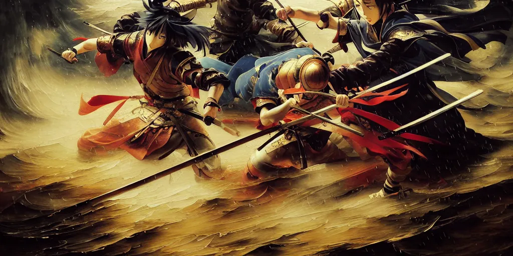 Prompt: baroque oil painting of key visual samurai battle, japanese armor, rain, brutalist fantasy, realism, rule of thirds golden ratio, fake detail, trending pixiv fanbox, acrylic palette knife, style of makoto shinkai takashi takeuchi yoshiyuki sadamoto greg rutkowski chiho aoshima