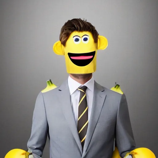 Prompt: a person with suit that has a banana head