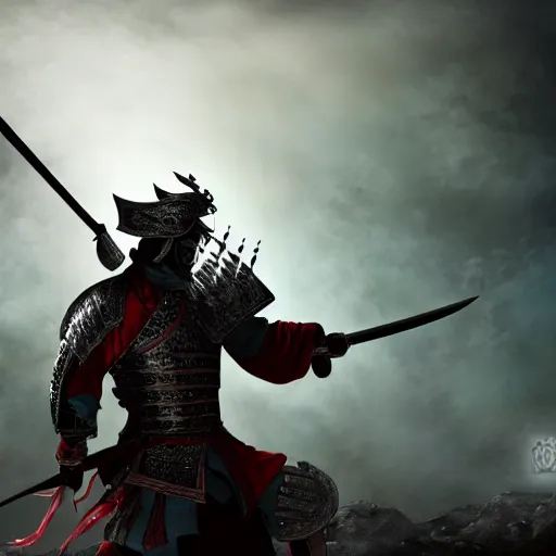 Prompt: ancient ink painting of a chinese warrior in clothes with a broadsword, hejump and hit the monster down hard, a dark sky and a ray of white light on the grounddramatic lighting, whole body, extremely detailed, octane render, 8 k, sophisticated
