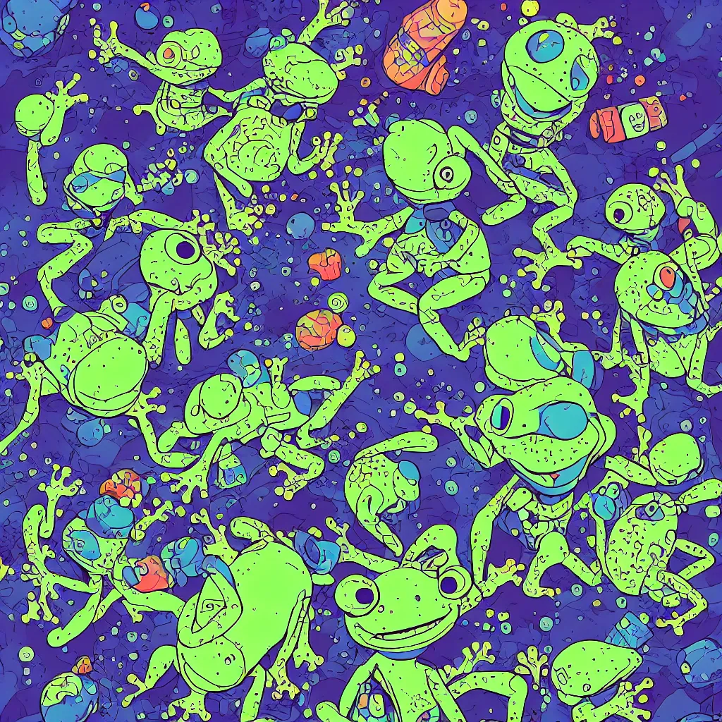 Image similar to indigo toads, frogs, ryuta ueda artwork, breakcore, jet set radio artwork, y 2 k, gloom, space, cel - shaded art style, indigo rainbow, data, minimal, code, cybernetic, dark, eerie, cyber