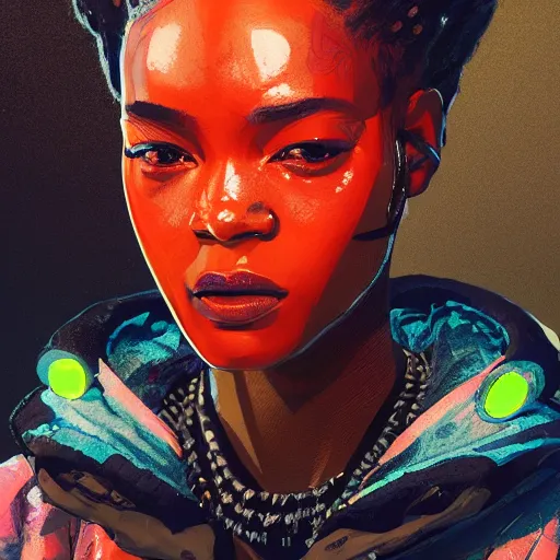 Prompt: detailed side profile portrait african american Neon Operator Girl, cyberpunk futuristic neon, reflective puffy coat, decorated with traditional Japanese ornaments by Ismail inceoglu dragan bibin hans thoma greg rutkowski Alexandros Pyromallis Nekro Rene Maritte Illustrated, Perfect face, fine details, realistic shaded, fine-face, pretty face