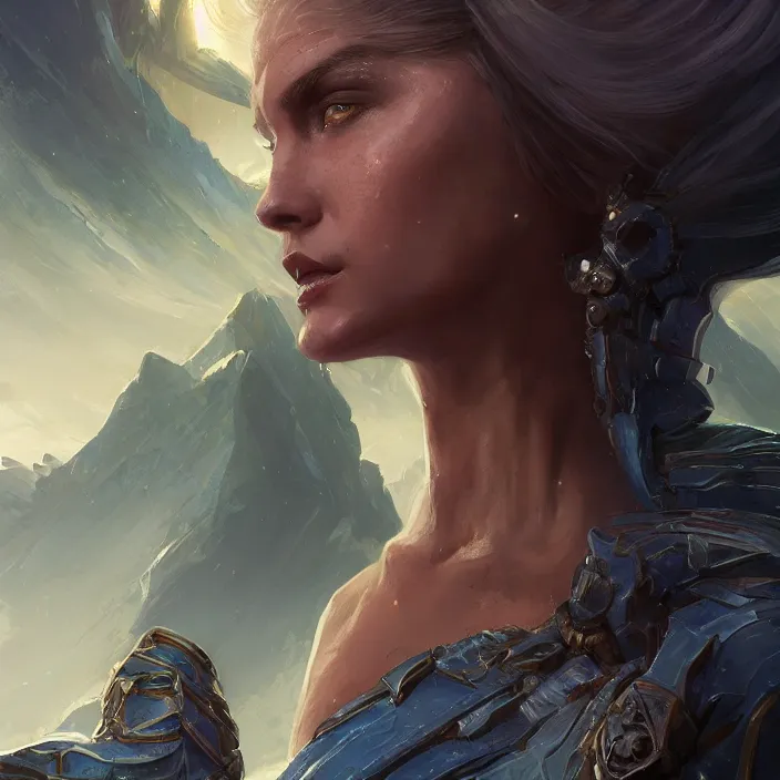 Prompt: a realistic detail of a beautiful female guardian has white hair in Atlantis, magic, dragon, oil painting by Julian calle, wlop, greg rutkowski, Finnian MacManus, Syd mead Trending on artstation, black and blue and purple scheme, 8k, Unreal Engine, wide-angle lens
