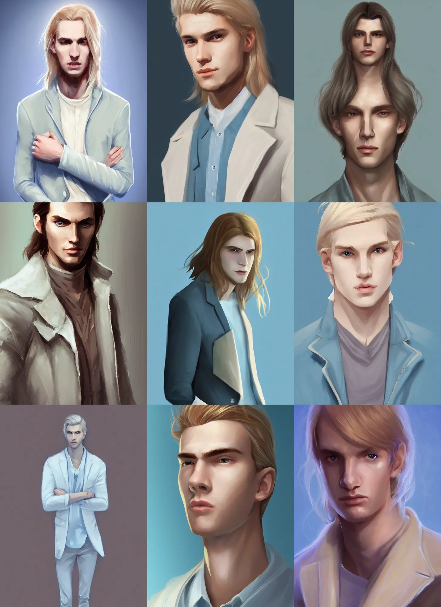 Prompt: portrait of a young white man with very long pale hair wearing a beige jacket, very handsome, light blue background, digital painting, artstation, beautiful