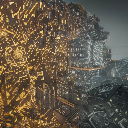 Image similar to Kazimierz Malewicz motherboard wall structure and stars points cloud in the middle, unreal engine 5 lumen global illumination, keyshot render, octane render, artstation trending, ultra high detail, ultra realistic, cinematic lighting, 8k, 16k, in style of zaha hadid, blade runner 2049 lighting color, ultra high contrast, dark shadows, tilt shift,