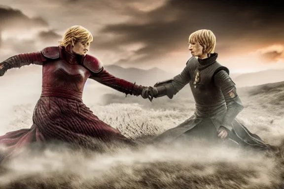 Image similar to very very intricate photorealistic photo of jaime lannister fighting cersei, photo is in focus with detailed atmospheric lighting, award - winning details