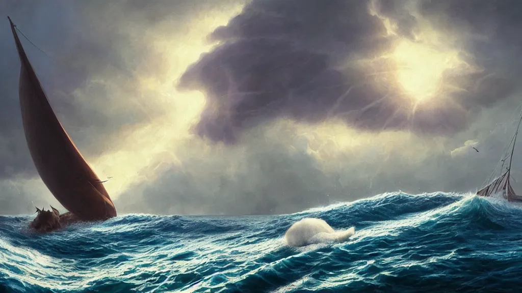 Image similar to a gigantic cat bursting out of a stormy sea attacking a small sail boat, wet fur, giant waves, sunbeams in background, intricate, detailed, volumetric lighting, sharp focus, scenery, photorealism, digital painting, highly detailed, concept art, by roger dean and simon stalenhag and mark brooks