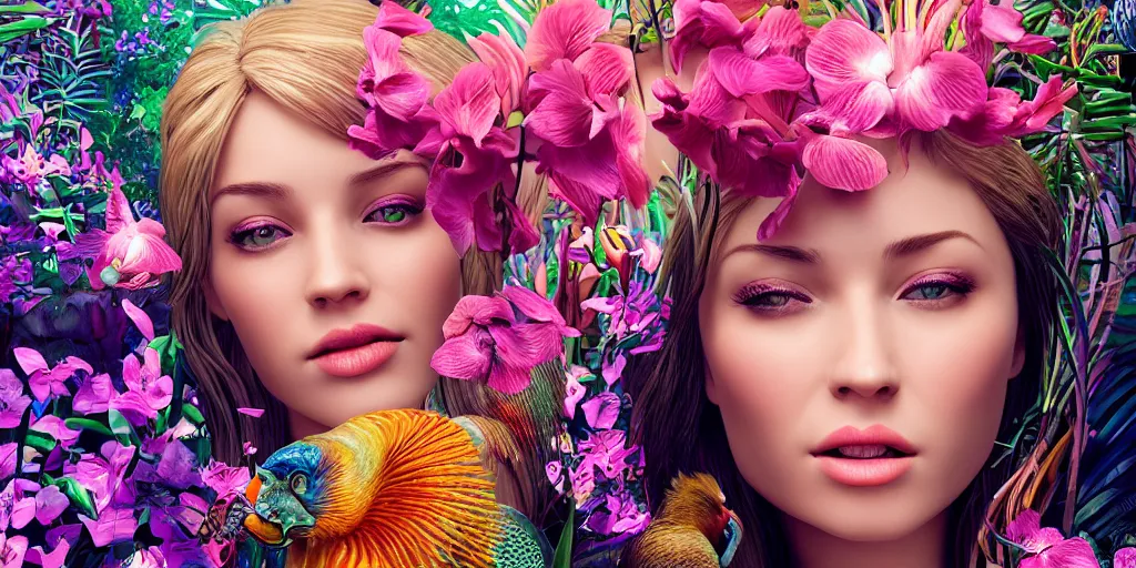 Image similar to photo realistic depiction of a beautiful woman face surrounded by orchids, lion fish, and colorful flamingos style by salvador dali, hyper realistic, octane rendered