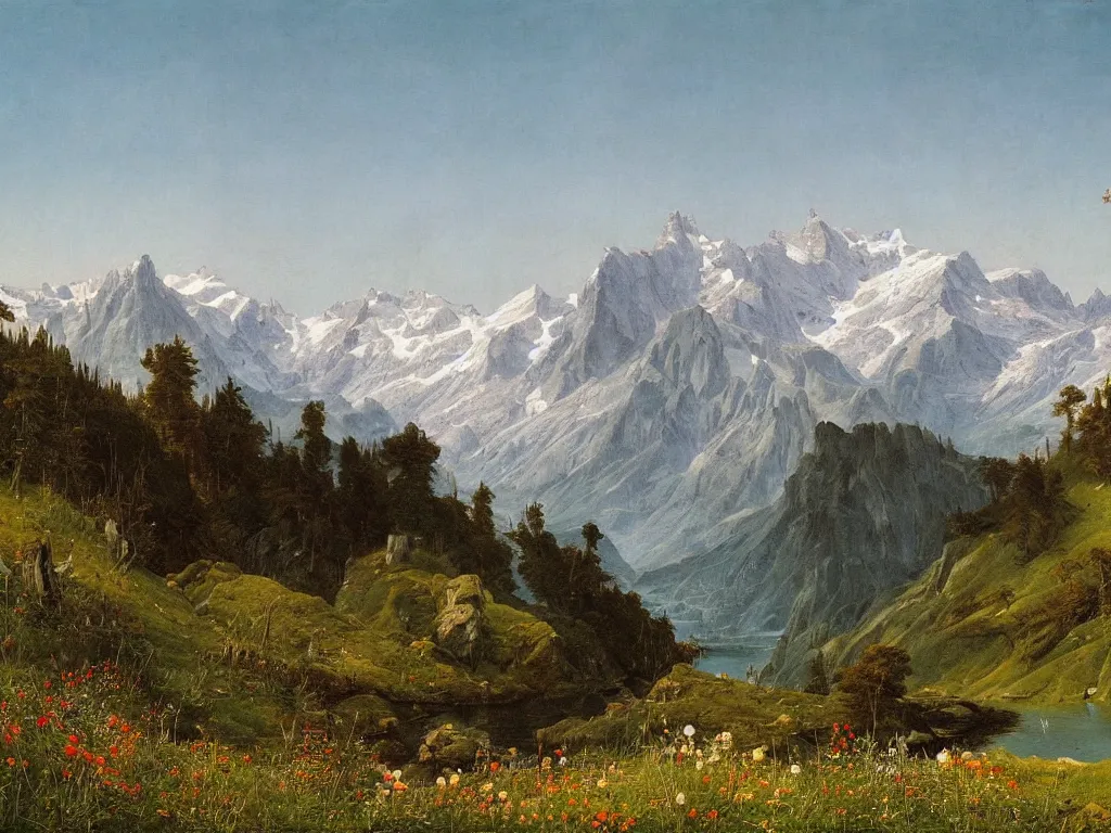 Image similar to a detailed painting of a majestic wilderness in switzerland in spring by caspar david friedrich, high detail, snow capped mountains reflecting on a lake, wildflowers,