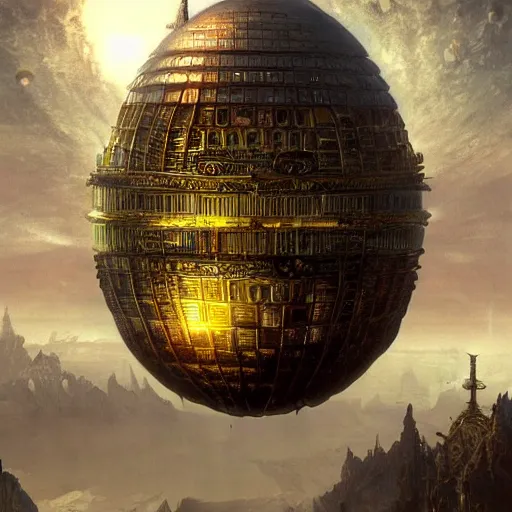 Image similar to enormous flying city in a faberge egg, sky, steampunk, fantasy art, masterpiece, hugh ferriss, unreal engine, peder balke