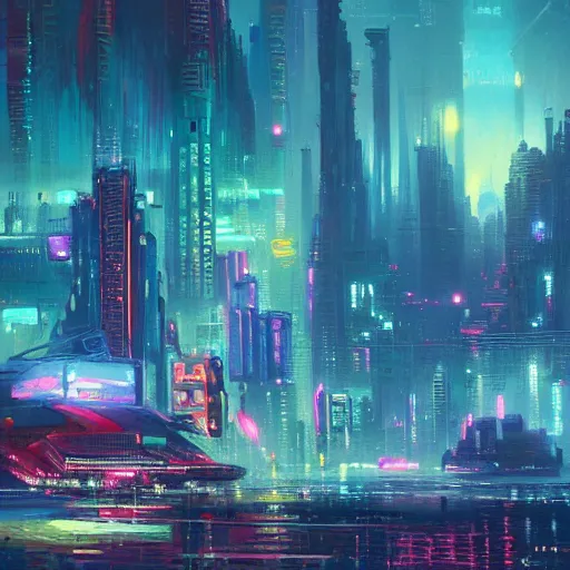 Image similar to a Stunning painting of A Great cyberpunk city on the sea by Paul Lehr,concept art,hyper detailed,digital art,highly realistic,8K Resolution