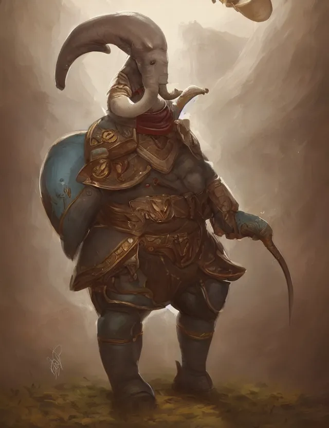 Image similar to portrait painting of a loxodon character wearing bard costume, dnd 5 e, trending on artstation, masterpiece, by ross tran and by greg rutkowski