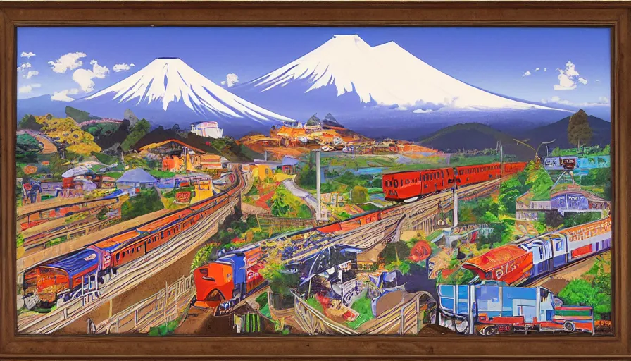 Prompt: award winning graphic design poster, cutouts constructing an contemporary art depicting a lone mount fuji and hills, rural splendor, and bullet train, isolated on white, and bountiful crafts, local foods, mixed media painting by julesjulien, jules julien, neo-classical painting and lisa frank