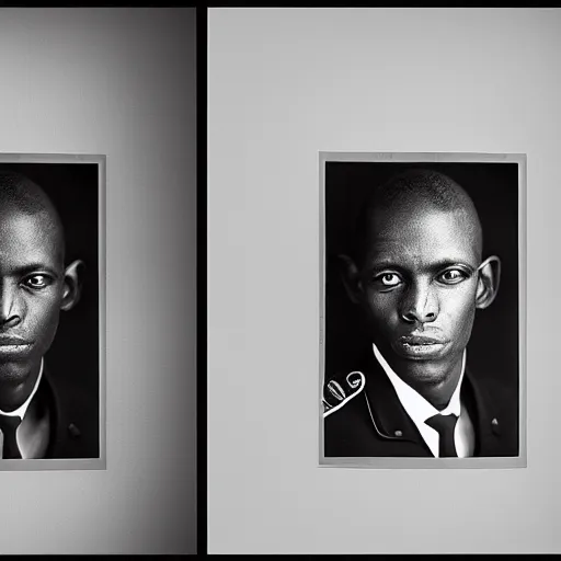 Image similar to black and white photo, portrait of rwandan soldier by richard avedon, realistic, Leica, medium format, cinematic lighting, parallax, high resolution,