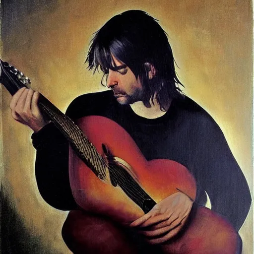 Prompt: Kurt Cobain playing guitar, oil painting by by Caravaggio