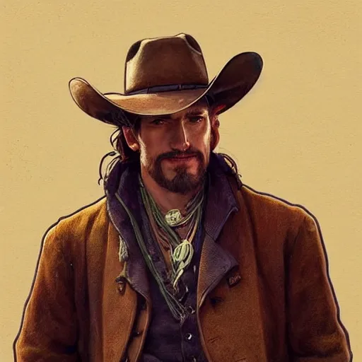 Image similar to a man, cowboy hat, portrait, wild west, fantasy, highly detailed, digital painting, artstation, concept art, sharp focus, illustration, art by artgerm and greg rutkowski and alphonse mucha