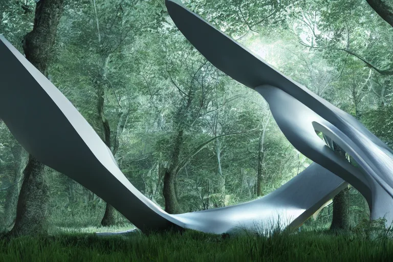 Prompt: a sculpture designed by Zaha Hadid in a forest, digital art, unreal engine 5, high resolution, 4k, realistic