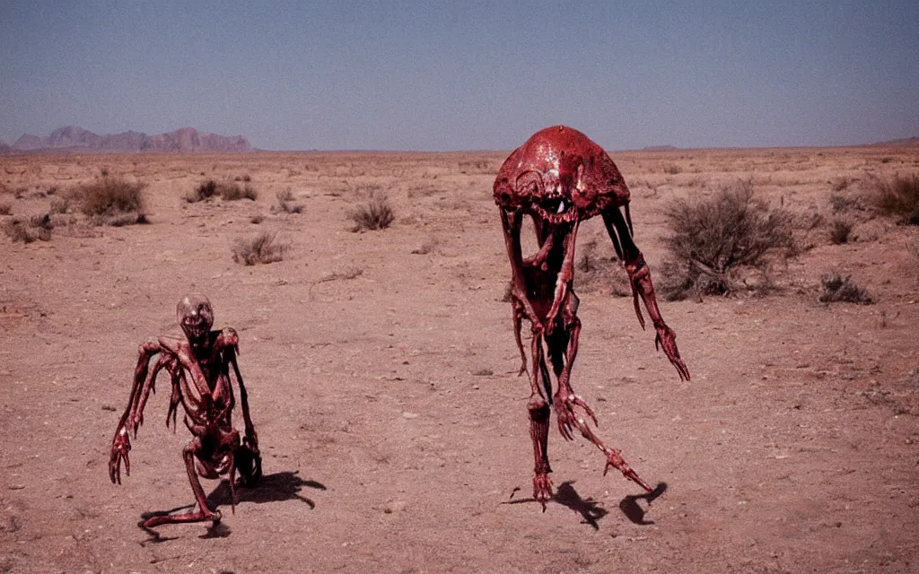 Image similar to in the desert a bloody gross horrifying The Thing creature made of muscle and bone and blood stares at the camera, eating, it walks on two legs, mid day, 35mm photography, realistic,