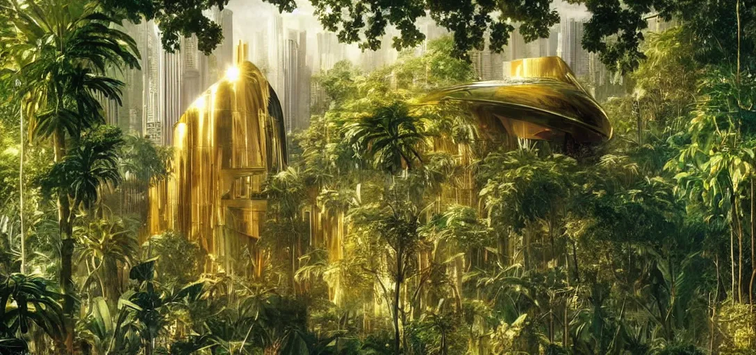 Image similar to futuristic shinny golden building in an jungle landscape of a biopunk city by bouguereau, movie poster, film still