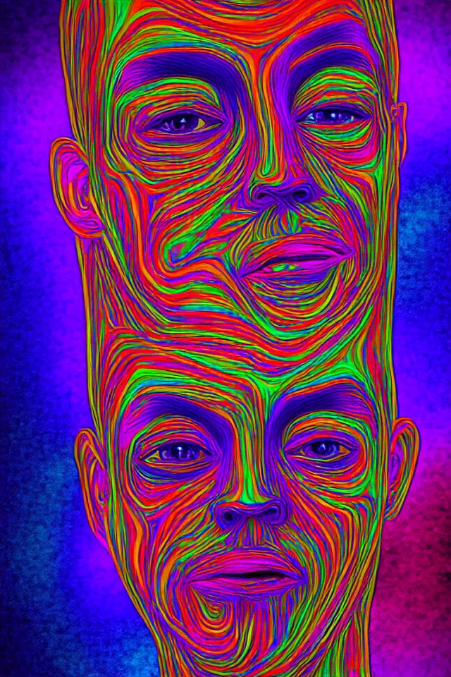 Image similar to hollow face portrait, stunning psychedelic background